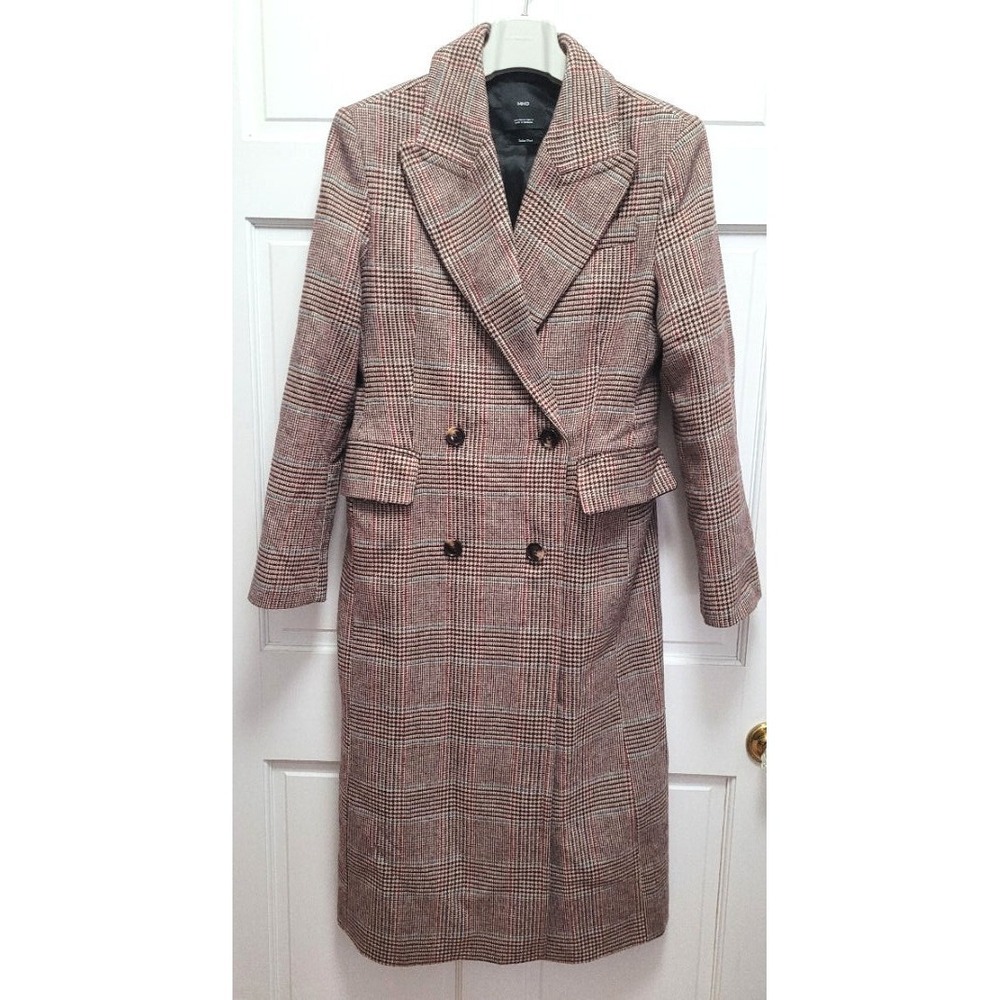 MNG by Mango Women's Italian Wool Blend Long Winter Coat - Brown Windowpane - M